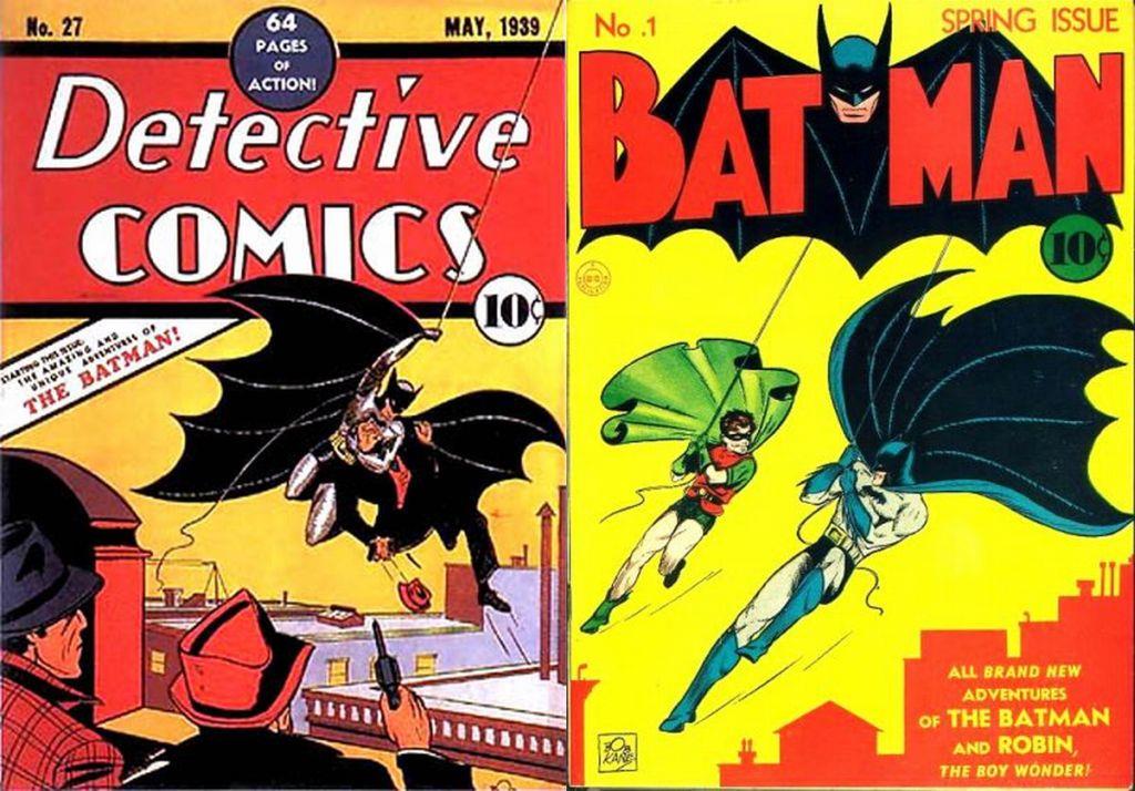 Copertine del #27 di Detective Comics (prima apparizione di Batman) e del #1 di Batman (prima apparizione del Joker)