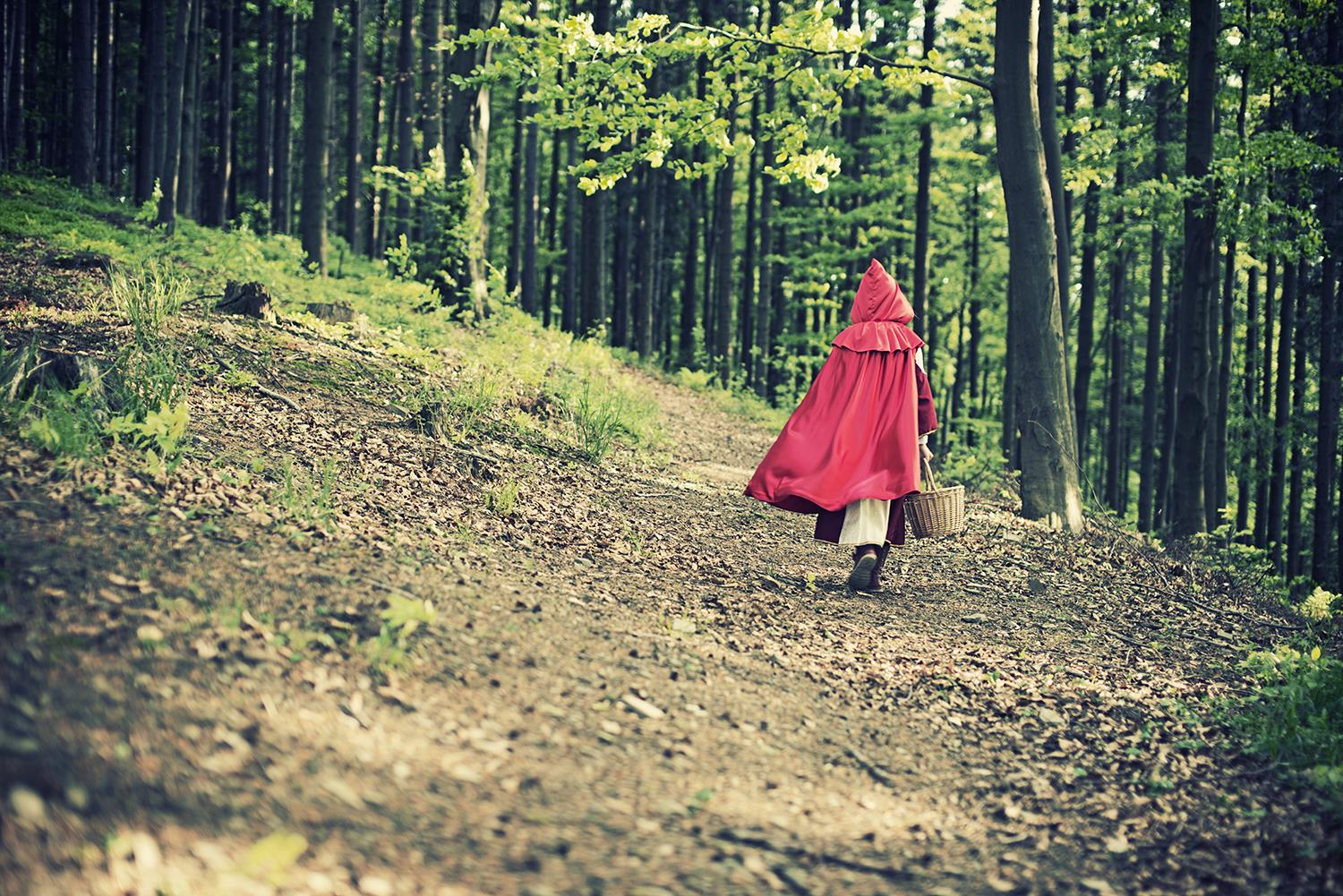 Bambina vestita come Cappuccetto rosso in un bosco