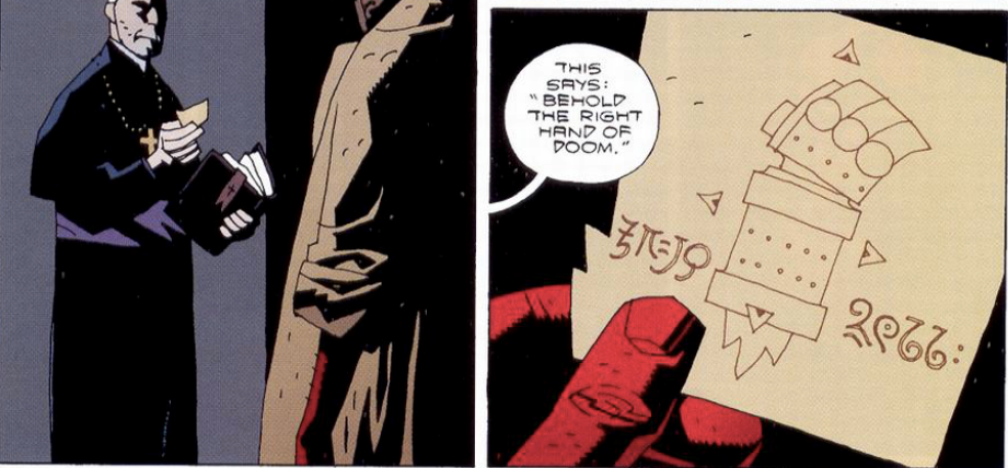 Una parte della tavola in cui Hellboy inizia a scoprire l'origine della sua mano