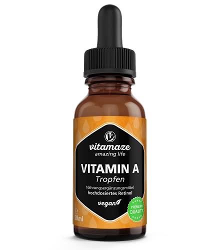 Vitamina A Gocce 5000 UI ad Alto Dosaggio per Dose Giornaliera, Retinolo Vegano & Liquido, 50 ml (1700 Gocce), Alta Biodisponibilità, Integratore Alimentare Naturale & Pura, senza Additivi