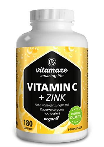 Vitamaze® Vitamina C Pura 1000 mg Alto Dosaggio + Zinco, 180 Compresse Vegan per 6 Mesi, Vitamin C Dose Forte, Qualità Tedesca, Naturale Integratore Alimentare senza Additivi non Necessari
