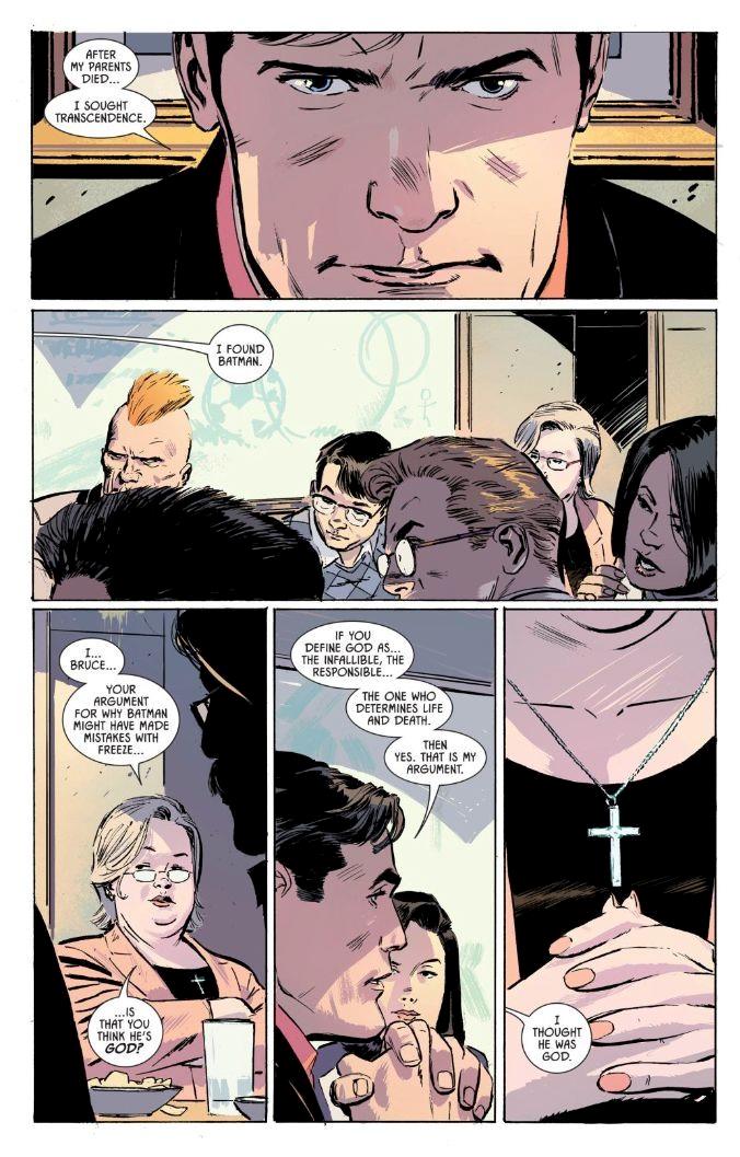 Pagina di Batman #53 in cui Bruce Wayne dichiara di credere in Batman e non in Dio