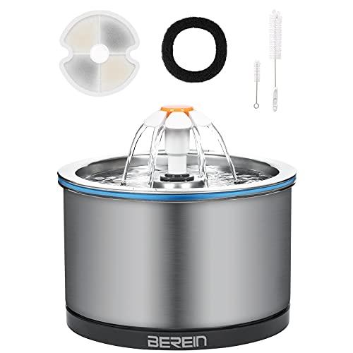 Berein Fontanella per Gatti Acciaio Inossidabile da 2.5 L Cablato Fontana per Gatti ultra silenziosa Pompa, Distributore di acqua per gatti e cani con Filtri, 2 spazzole per la pulizia, LED