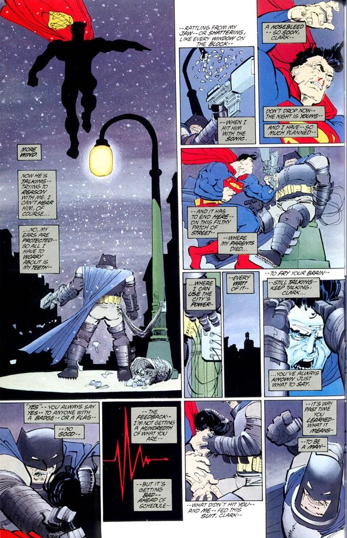 Tavola de Il Ritorno del Cavaliere Oscuro, nella quale Superman lotta con Batman