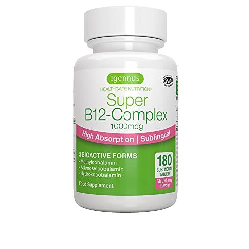 Super B12-Complex 1000mcg, Vitamina B12 sublinguale ad alto dosaggio, forme bioattive con metilcobalamina, gusto naturale di fragola, vegano, 180 compresse