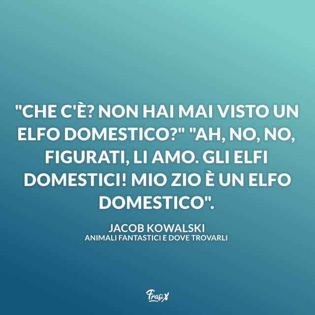 "Che c'è? Non hai mai visto un elfo domestico?" "Ah, no, no, figurati, li amo. Gli elfi domestici! Mio zio è un elfo domestico".