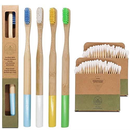Spazzolino da denti di bamboo ecologico e biodegradabile | Manico arrotondato senza plastica | Setole medio dure senza BPA | 100% Naturale | Set di 4 spazzolini |🎁 OMAGGIO 200 cotton fioc in bambu