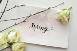 Foglio con la scritta Spring circondato da rose bianche