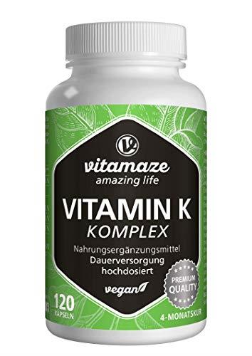 Vitamina K Complesso, K1 + K2 Menachinone ad Alto Dosaggio e Vegan (MK4 + MK7), 120 Capsule, Biodisponibilità Ottimale, senza Additivi