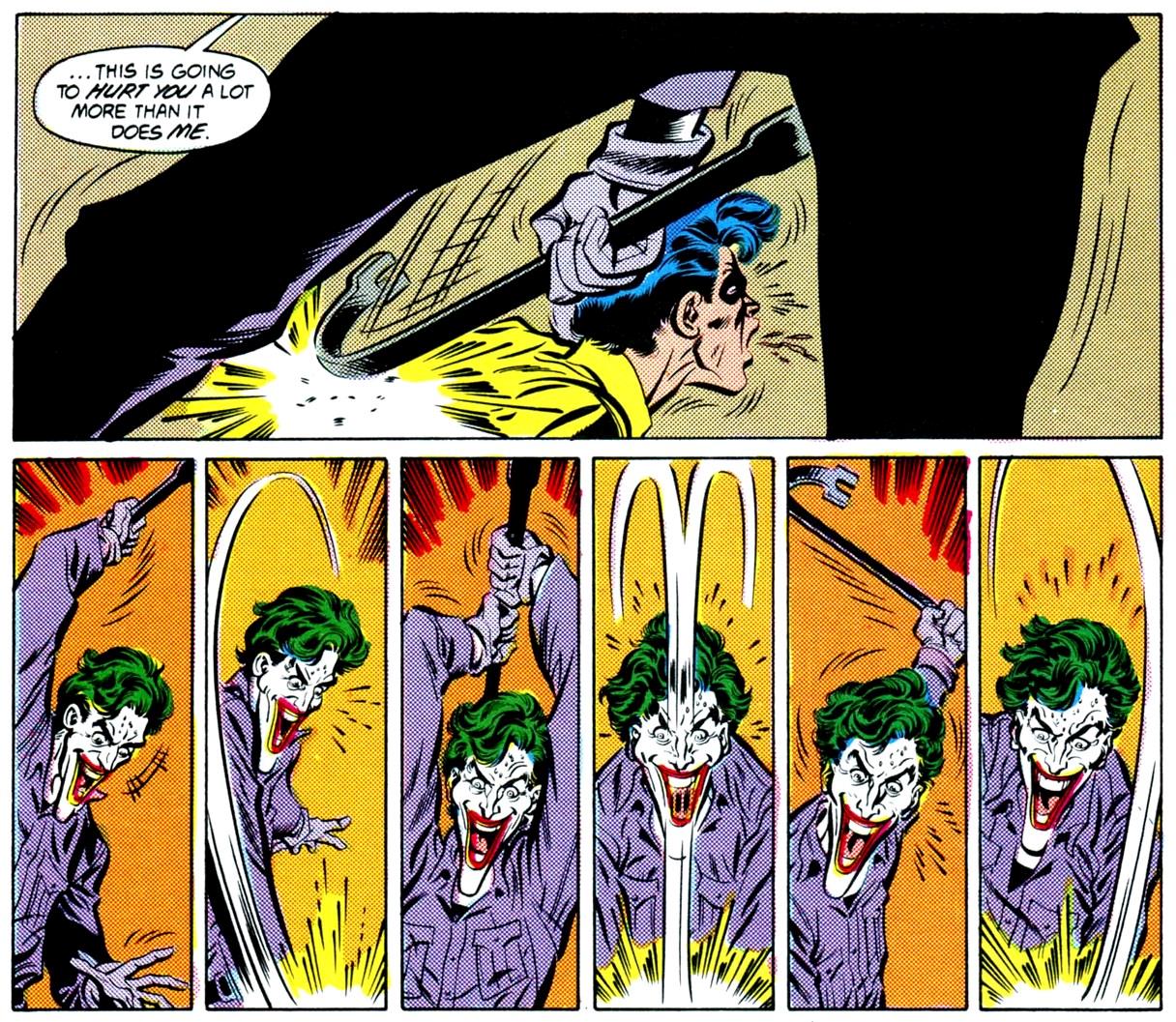 Sequenza di vignette disegnate da Jiim Aparo, nelle quali il Joker massacra Robin