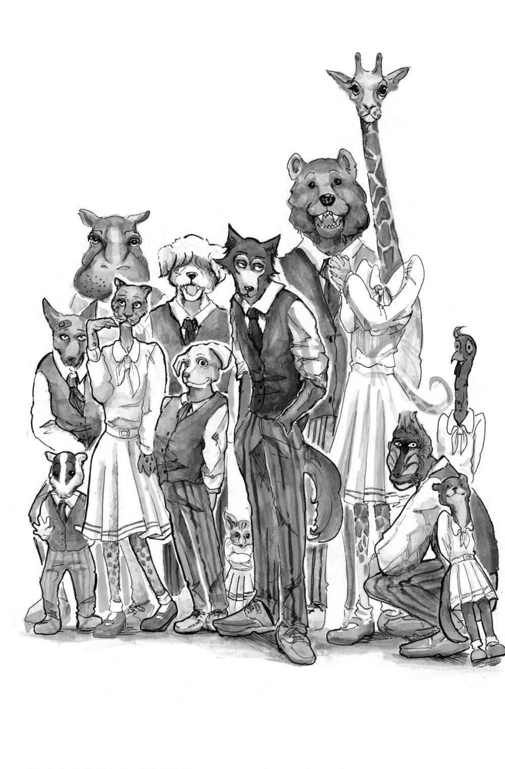 Alcuni dei protagonisti di Beastars in un'illustrazione in bianco e nero