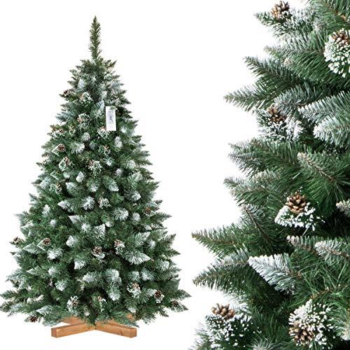 FairyTrees Pino Naturale con Punte innevate, Albero di Natale Artificiale, PVC, pigne Naturali, Supporto in Legno, 180cm