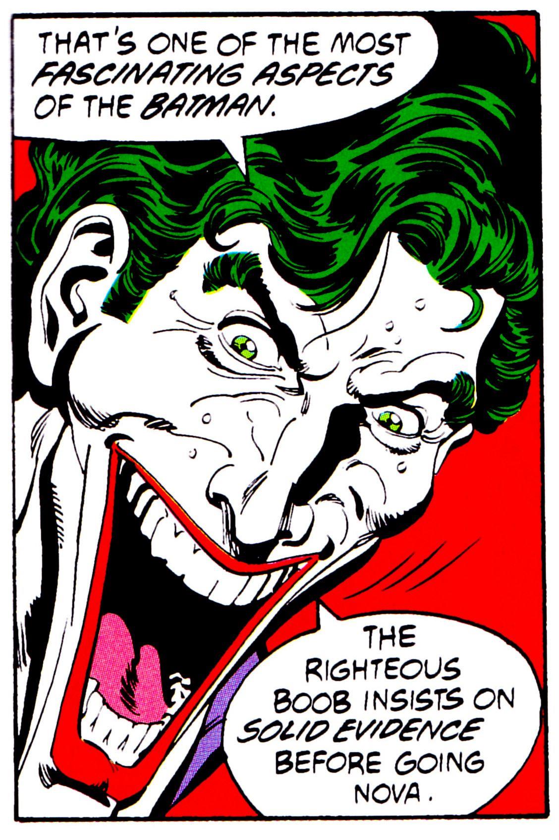 Primo piano del volto del Joker, disegnato da Jim Aparo