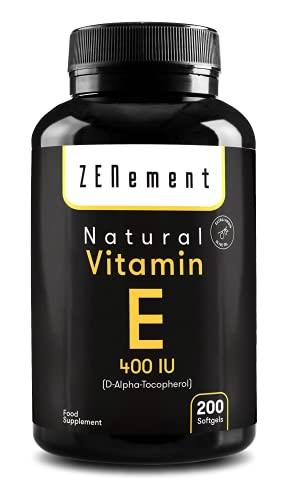 Vitamina E Naturale - 400 IU (D-alfa-tocoferolo), 200 Capsule Sofgel | con Olio Extravergine di Oliva | Antiossidante e Anti-invecchiamento | Non OGM | di Zenement