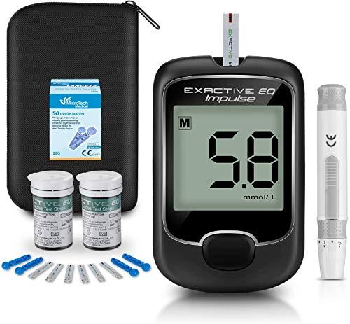Diabetes test kit glucosio nel sangue kit di monitoraggio della glicemia con 50 strisce reattive e 50 lancette per diabetici in mg/dL di Exactive EQ Impulse