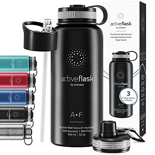 Bottiglia Acqua Termica Inox Active Flask + Cannuccia (3 Tappi), Senza BPA - Thermos 1l/500ml | Borraccia Isotermica Acciaio - Caldo/Freddo, Ufficio Outdoor Sport Bicicletta Viaggio Fitness, Caffe Te