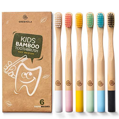 Greenzla Spazzolini da denti di bambù per bambini (Set da 6) | Spazzolini da denti in setole morbide senza BPA | Set di spazzolini da denti in bambù