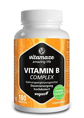 Vitamaze® Vitamina B Complex Alto Dosaggio, 180 Compresse Vegan 6 Mesi di Assunzione, B1, B2, B3, B5, B6, B7, B9, B12 Pura, Qualità Tedesca, Integratore Alimentare senza Additivi non Necessari
