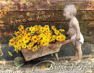 Un bambino con una carriola piena di fiori - Immagini divertenti per auguri di Buona Pasqua