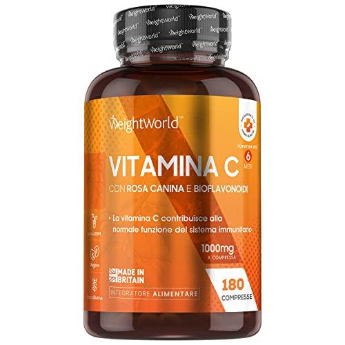 Vitamina C 1000mg Alto Dosaggio - Vitamina C Pura + Bioflavonoidi e Rosa Canina - 180 Compresse (6 Mesi) - La Vitamina C Contribuisce al Normale Funzionamento del Sistema Immunitario - Acido Ascorbico