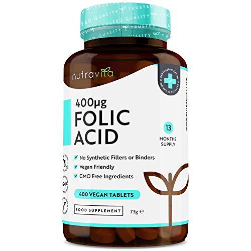 Acido Folico 400 mcg - 400 Compresse Vegane - Copertura di 13 mesi - Sostegno alla gravidanza - Funzione normalizzante del Sistema Immunitario - Prodotto in Uk da Nutravita