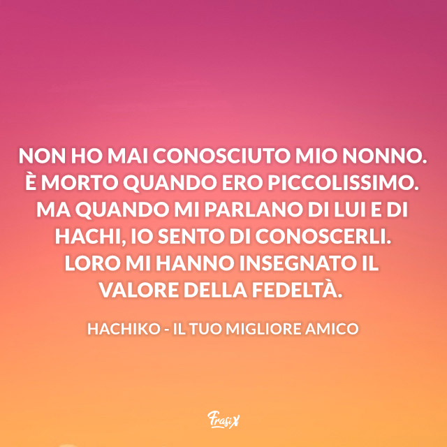 Non ho mai conosciuto mio nonno. È morto quando ero piccolissimo. Ma quando mi parlano di lui e di Hachi, io sento di conoscerli. Loro mi hanno insegnato il valore della fedeltà.