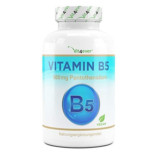 Vitamina B5 con 500 mg - 180 Capsule - Acido pantotenico puro - Altamente dosato - Vegan - Vitamina B per la pelle e i nervi - Senza additivi indesiderati