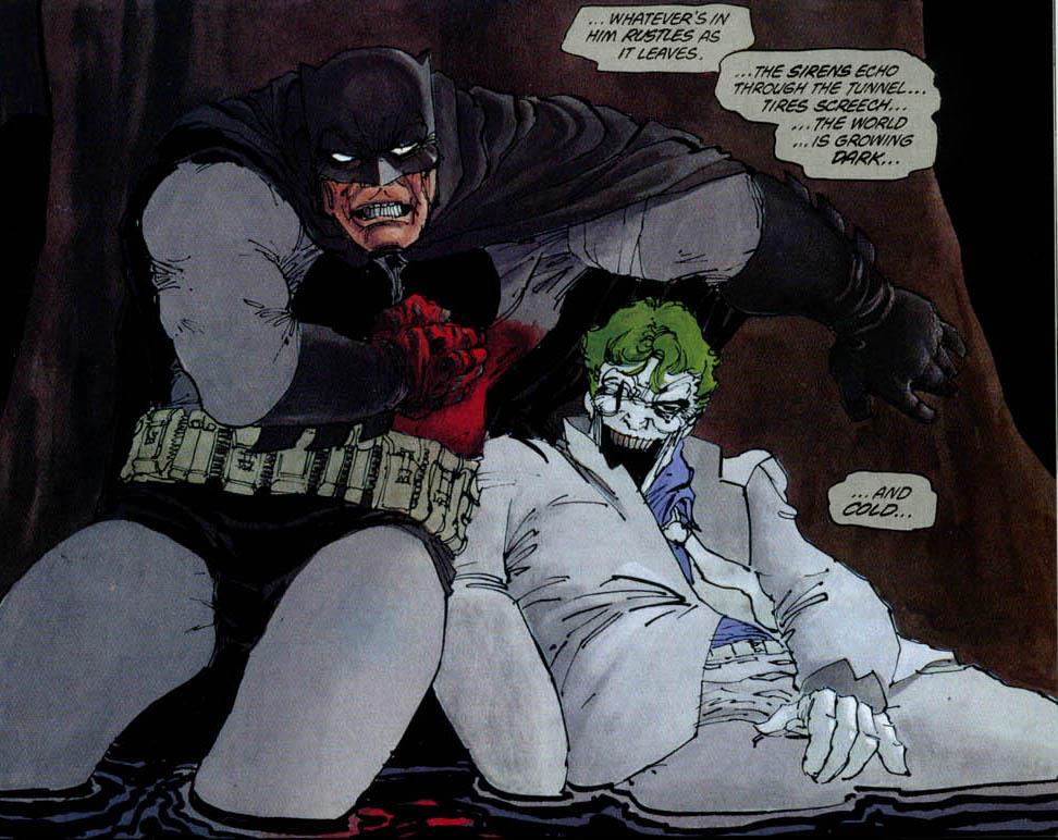 Batman e il Joker feriti, accasciati in una pozzanghera