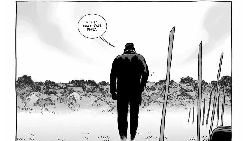 Negan di spalle si allontana in solitario